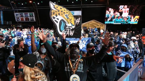 Fans celebrate as the Jacksonville Jaguars select Clemson quarterback Trevor Lawrence with the number #1 pick at the 2021 NFL Draft.