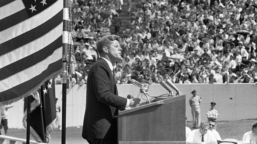 President Kennedy gives his 'Race for Space' speech at Houston's Rice University. Texas, September 12, 1962. (Photo by © CORBIS/Corbis via Getty Images)