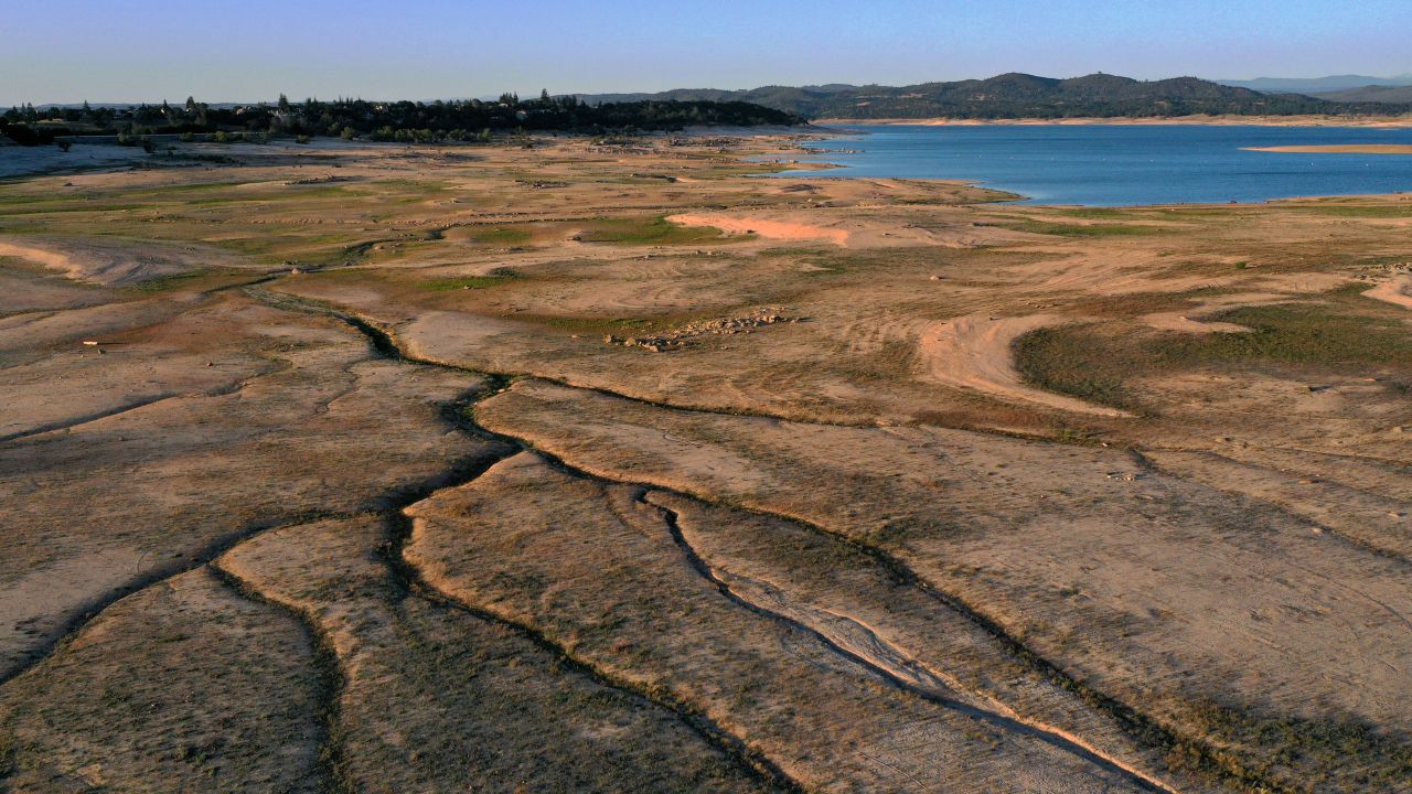 In an aerial view, low water levels are visible at Folsom Lake on May 10, 2021 in Granite Bay, California.