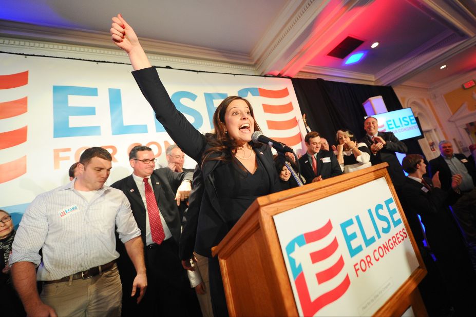 Stefanik celebrates in Glens Falls, New York, after she was elected to Congress in November 2014. At 30 years old, Stefanik became the youngest woman ever to be elected to Congress.