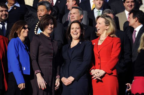 Stefanik and other members of Congress gather on the House steps for a freshman class photo in November 2014.