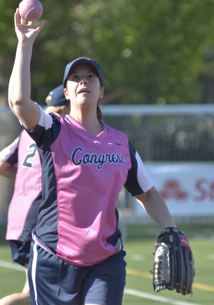 Stefanik plays in the Congressional Women's Softball Game, an annual contest between female members of Congress and women of the Washington press corps, in June 2015.