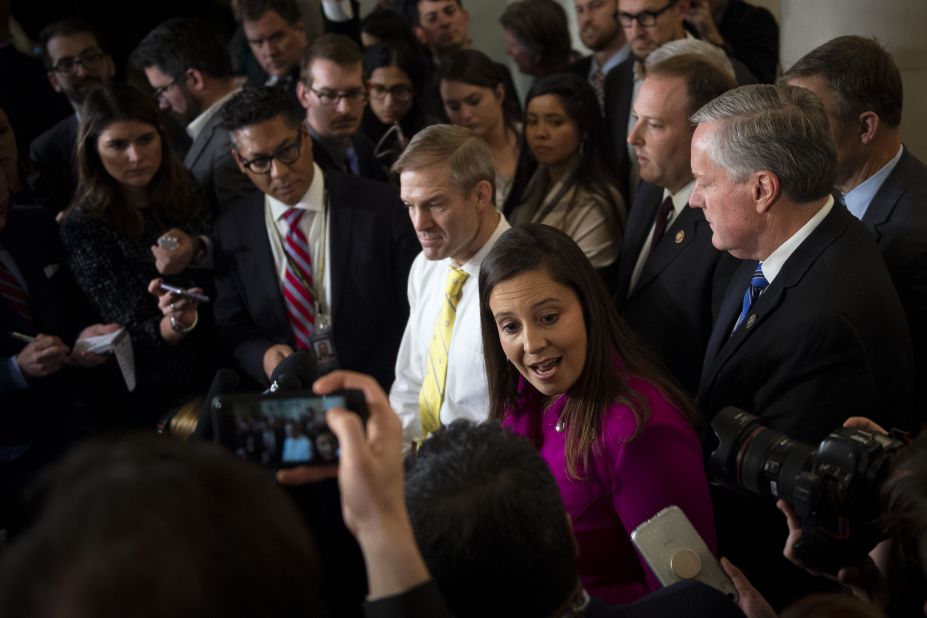 Stefanik, joined by other House Republicans, speaks to the media in November 2019.