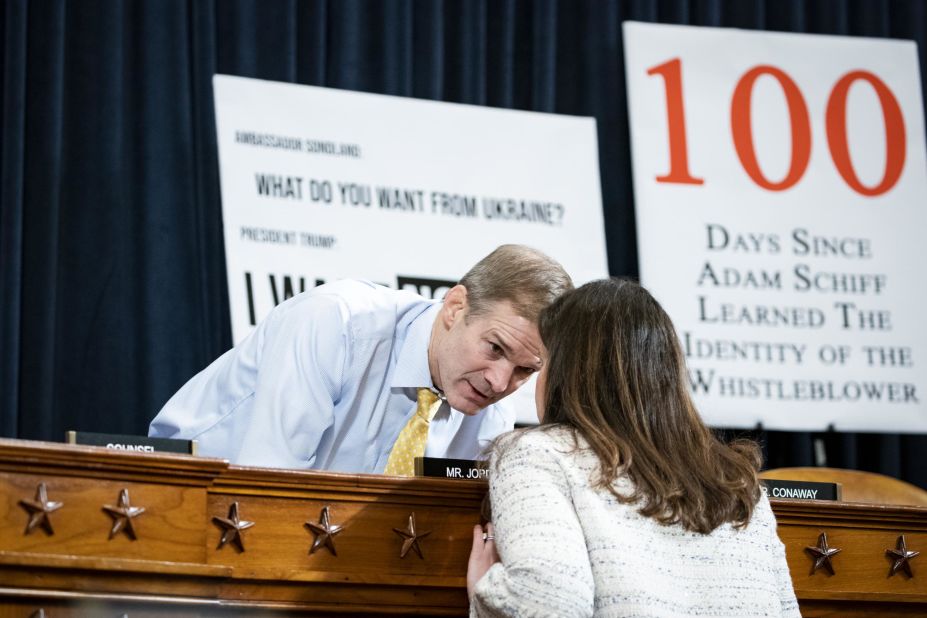 US Rep. Jim Jordan speaks with Stefanik during the House impeachment inquiry in November 2019.