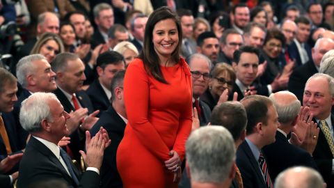 Stefanik stands as she's acknowledged by U.S. President Donald Trump as he speaks one day after the U.S. Senate acquitted on two articles of impeachment, in the East Room of the White House February 6, 2020 in Washington, DC. 