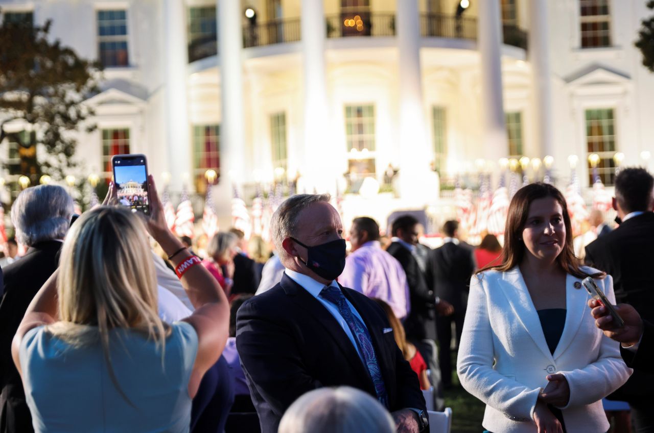 Stefanik and former White House press secretary Sean Spicer are interviewed outside of the White House before Trump's convention speech in August 2020.