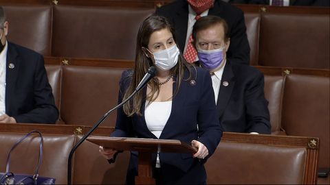 Stefanik speaks on January 6, 2021, as the House reconvened to certify the Electoral College's votes for president and vice president. This was after pro-Trump rioters breached the Capitol, delaying the certification vote.