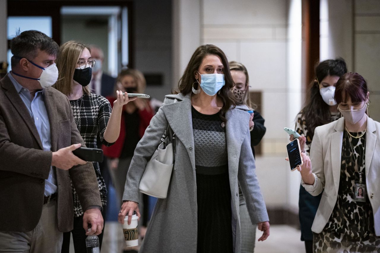 Stefanik arrives for a House Republican caucus meeting in February 2021.