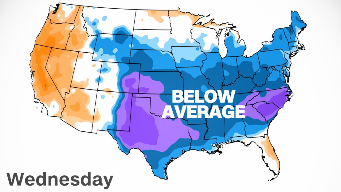 Wednesday's temperatures will be below average for much of the eastern US.