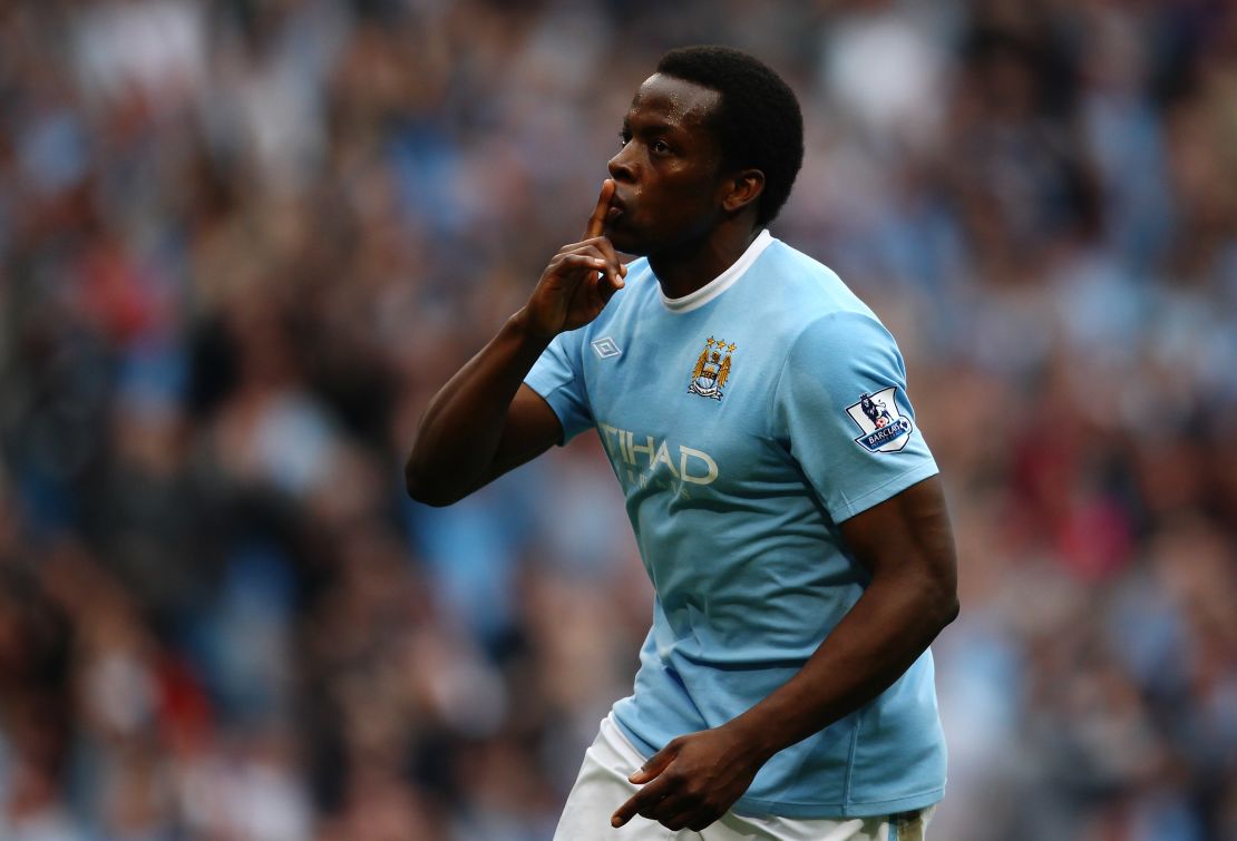 Nedum Onuoha celebrates scoring for Manchester City against Birmingham in 2010.