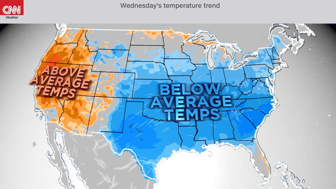 Forecast temperature departures from normal on Wednesday.