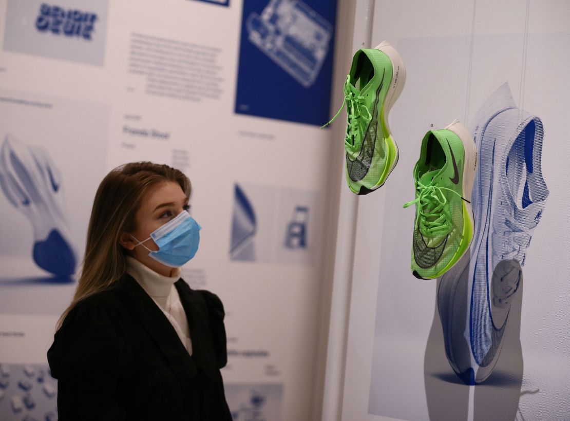 A pair of Nike's "super shoes" are seen at the Design Museum in London. 