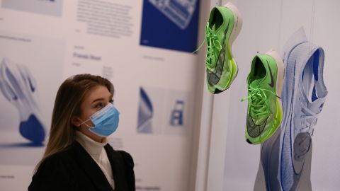 A pair of Nike's "super shoes" are seen at the Design Museum in London. 
