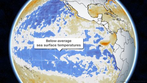 Current sea surface temperature departures from normal, highlighting cooler than normal temperatures across much of the equatorial Pacific Ocean waters.