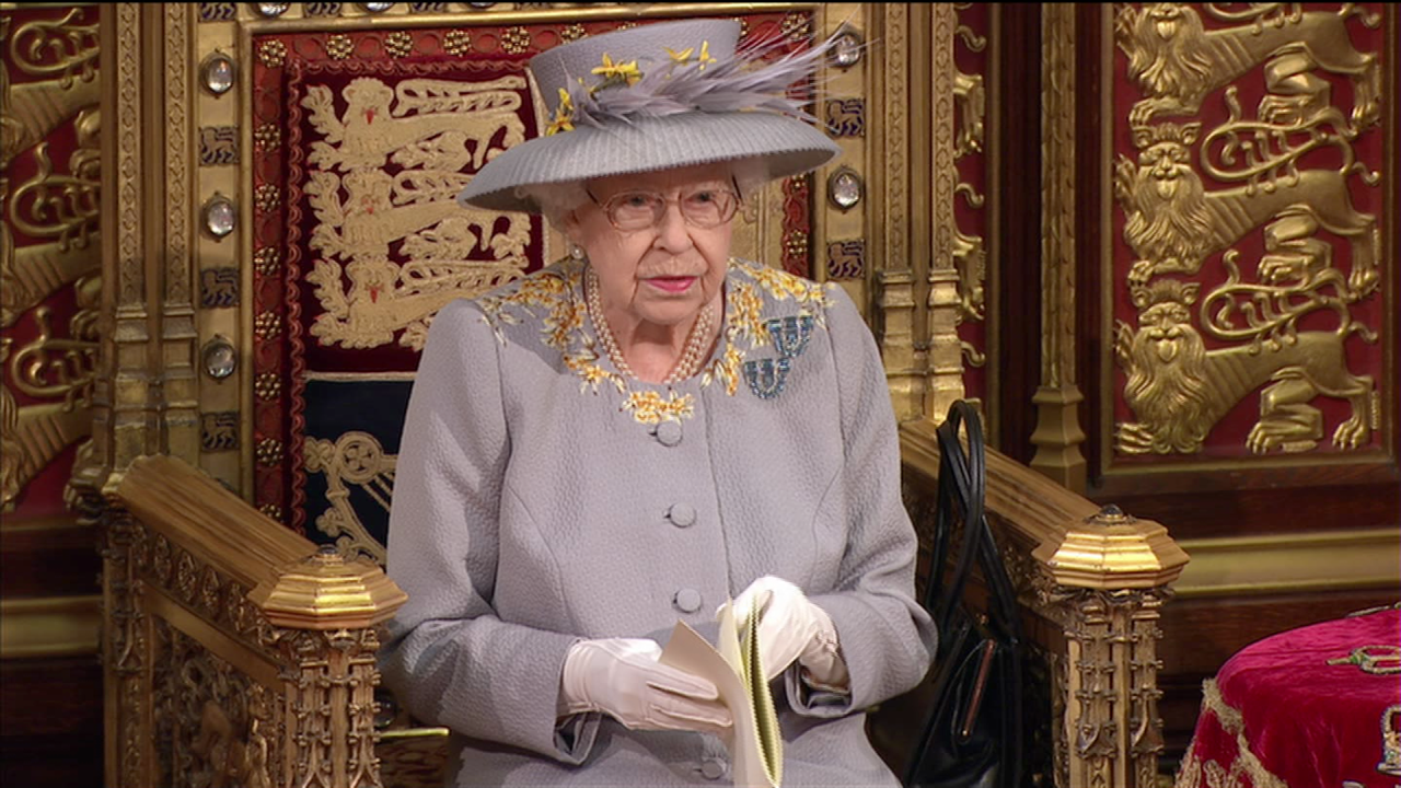 British Queen Elizabeth II giving a speech to open parliament on May 11, 2021. 
