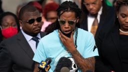 ELIZABETH CITY, NC - MAY 11:  Khalil Ferebee (C), son of Andrew Brown Jr., speaks at a news conference with lawyer Harry Daniel on May 11, 2021 in Elizabeth City, North Carolina. Ferebee and others were able to view additional police video footage of his father's death at the hands of officers from the Pasquotank County Sheriff's Office on April 21. (Photo by Sean Rayford/Getty Images)