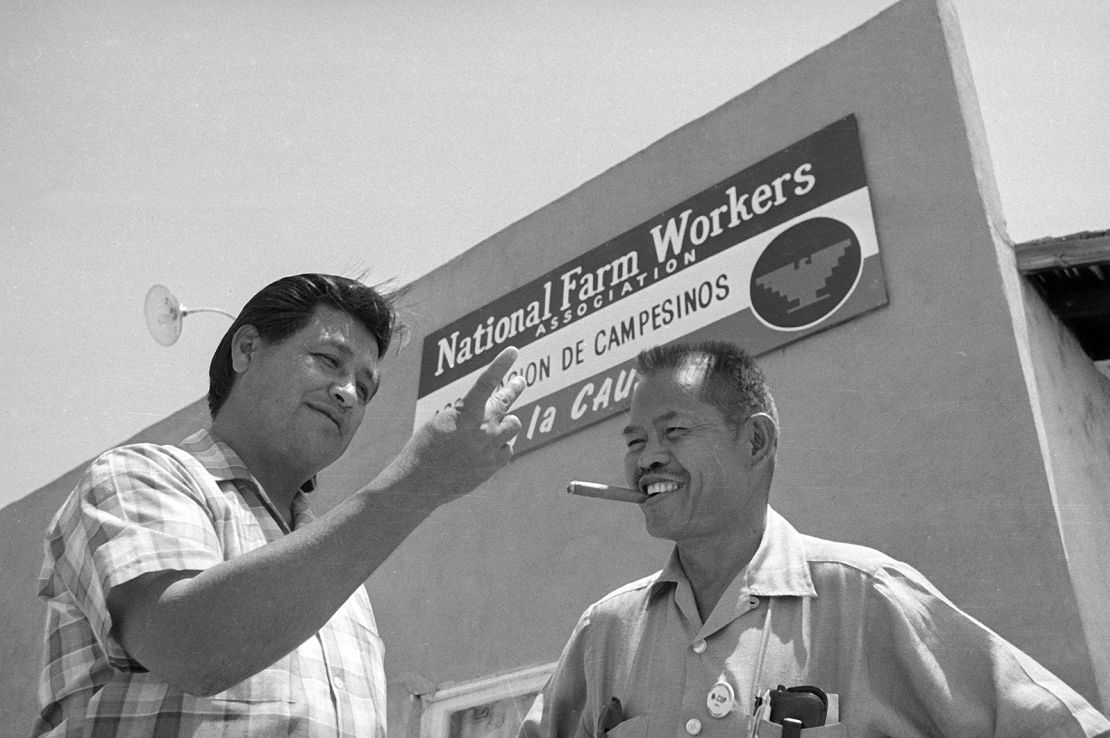 Larry Itliong, right, and Cesar Chavez met in Delano, California, in 1967.