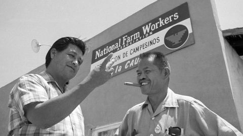 Larry Itliong, right, and Cesar Chavez met in Delano, California, in 1967.