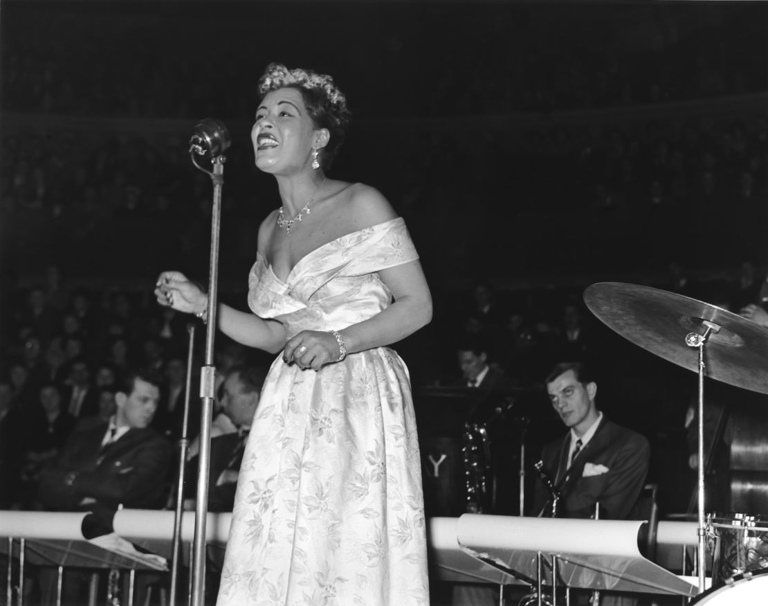 Billie Holiday performs on stage on February 14, 1954.