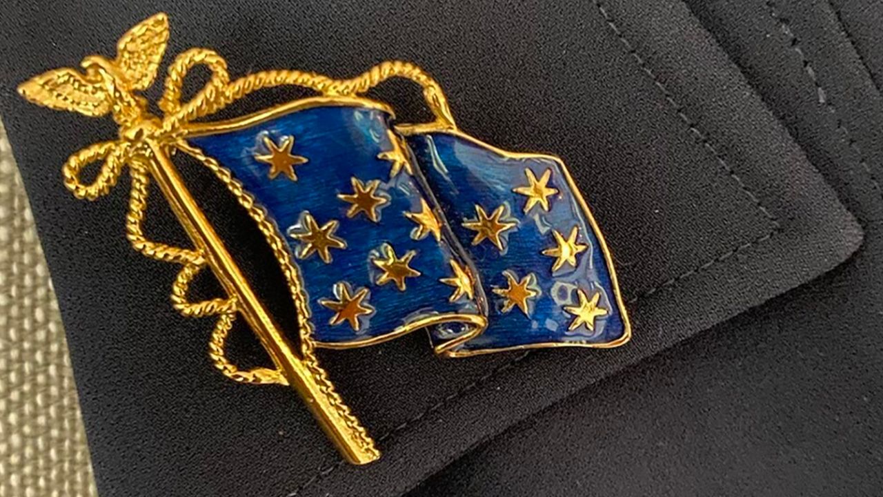 Liz Cheney's lapel pin depicts George Washington's traditional battle flag that is said to have flown over his headquarters during the Revolutionary War.
