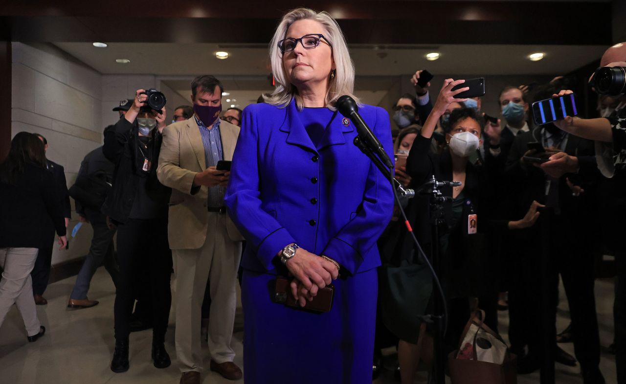 US Rep. Liz Cheney talks to reporters after House Republicans voted her out as chairwoman of the House Republican Conference in May 2021. Cheney was the highest-ranking Republican woman in Congress.