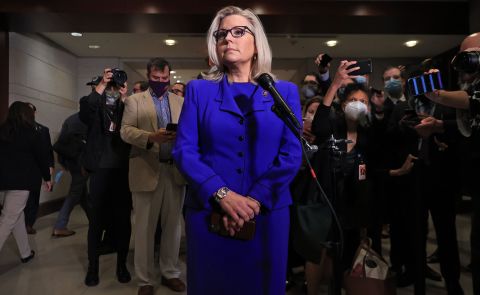 US Rep. Liz Cheney talks to reporters after House Republicans voted her out as chairwoman of the House Republican Conference on Wednesday, May 12. Cheney was the highest-ranking Republican woman in Congress.