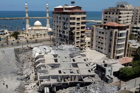 An aerial view on May 12 shows the remains of a Gaza City tower building that was destroyed in Israeli airstrikes.