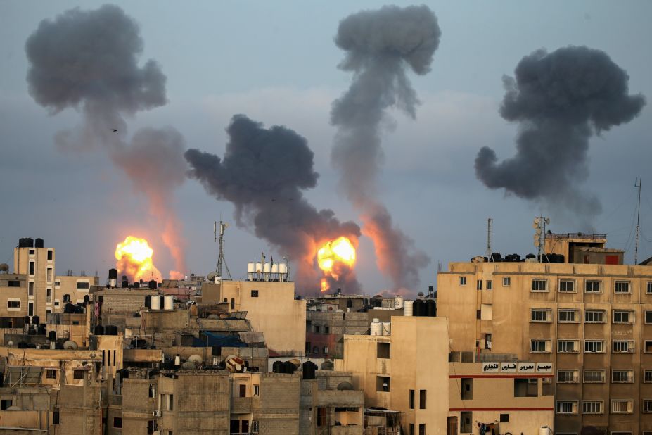 Flames and smoke rise from buildings in southern Gaza during Israeli airstrikes on May 11.