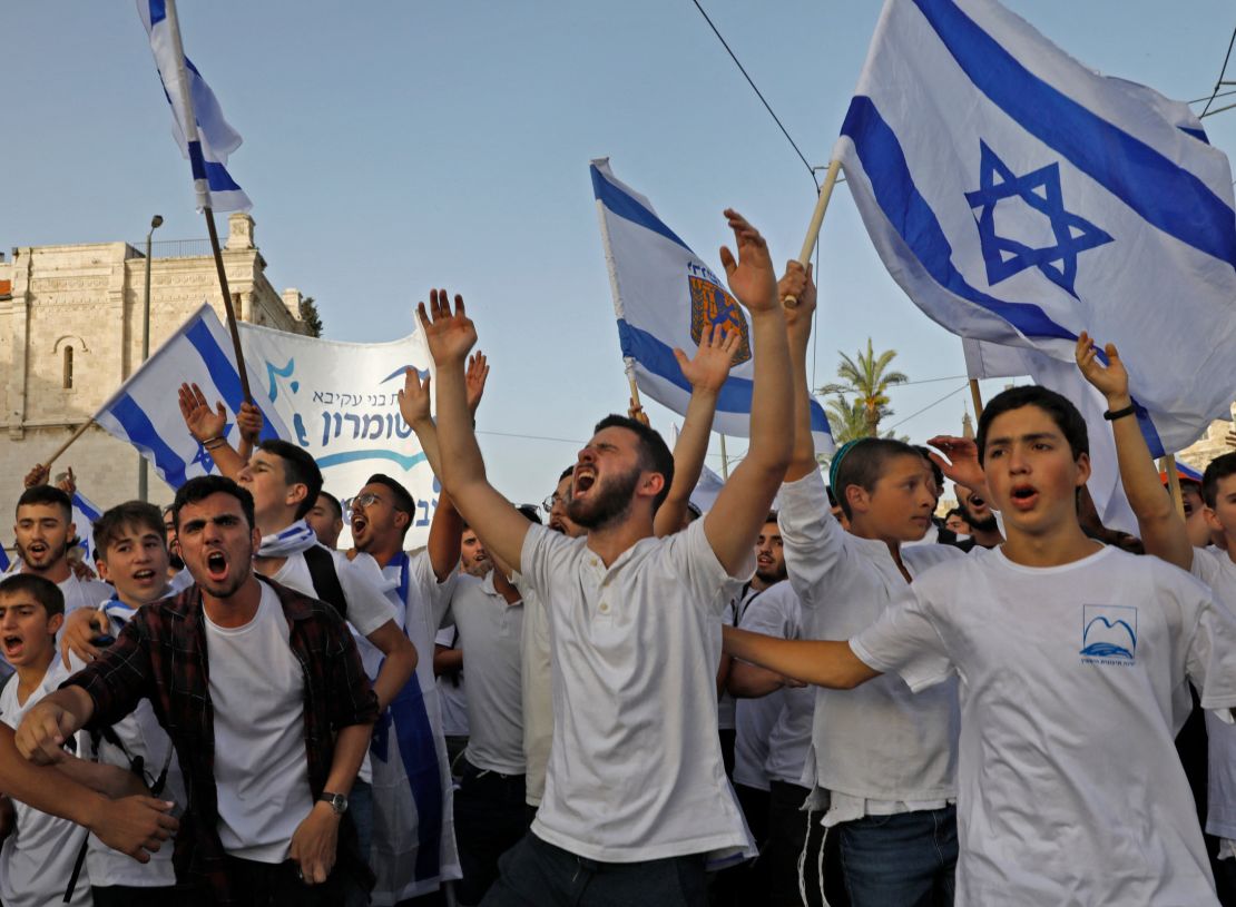 Israelis take part in the annual Jewish nationalist "Jerusalem Day" march on Monday.