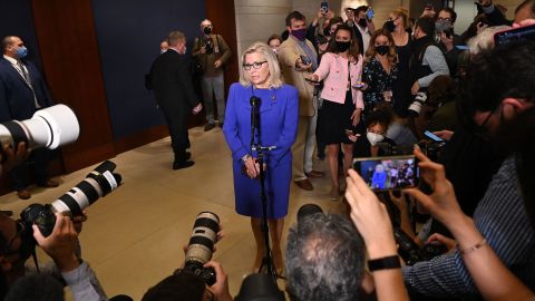 Rep. Liz Cheney, Republican of Wyoming, speaks to the press at the US Capitol in Washington, DC, on May 12, 2021.
