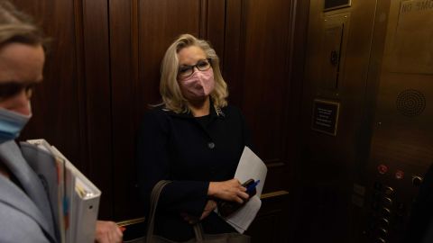 Cheney rides an elevator before giving her speech on the House floor Tuesday. "We must speak the truth," she said in her speech, <a href="https://www.cnn.com/2021/05/11/politics/cheney-house-floor-remarks/index.html" target="_blank">striking a defiant tone.</a> "Our election was not stolen. And America has not failed."