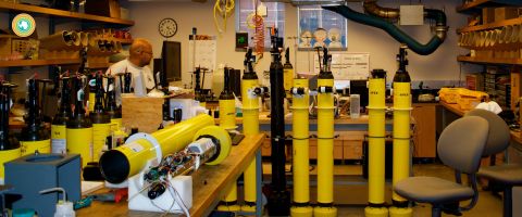 The SOCCOM floats look like gas canisters and function a bit like drifting submarines. Pictured, the floats being built at University of Washington Argo Lab.
