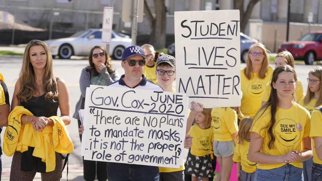 In this photo from April 10, parents and students protest having to wear masks to school during a rally in Farmington, Utah.