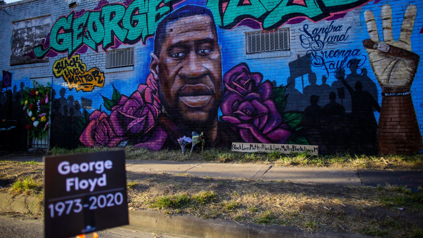 A mural of George Floyd on the side of a building in Houston, Texas. 