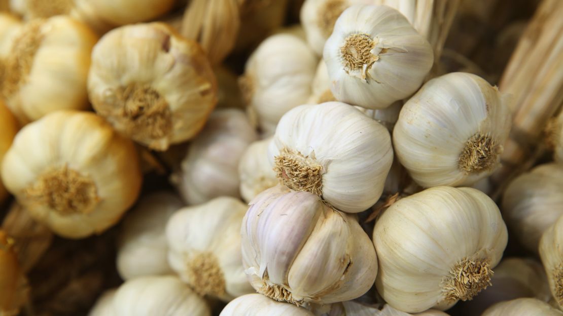 Bundled garlic lies on display at the International Green Week agricultural trade fair (Internationale Grüne Woche) in Berlin, Germany, on January 16, 2015.