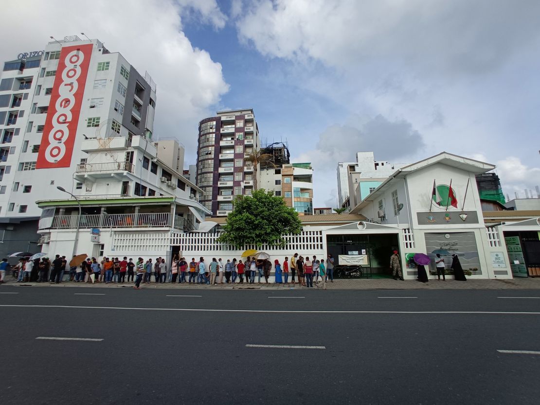 People line up to receive the Covid-19 vaccine in Male, Maldives, on March 15, 2021.