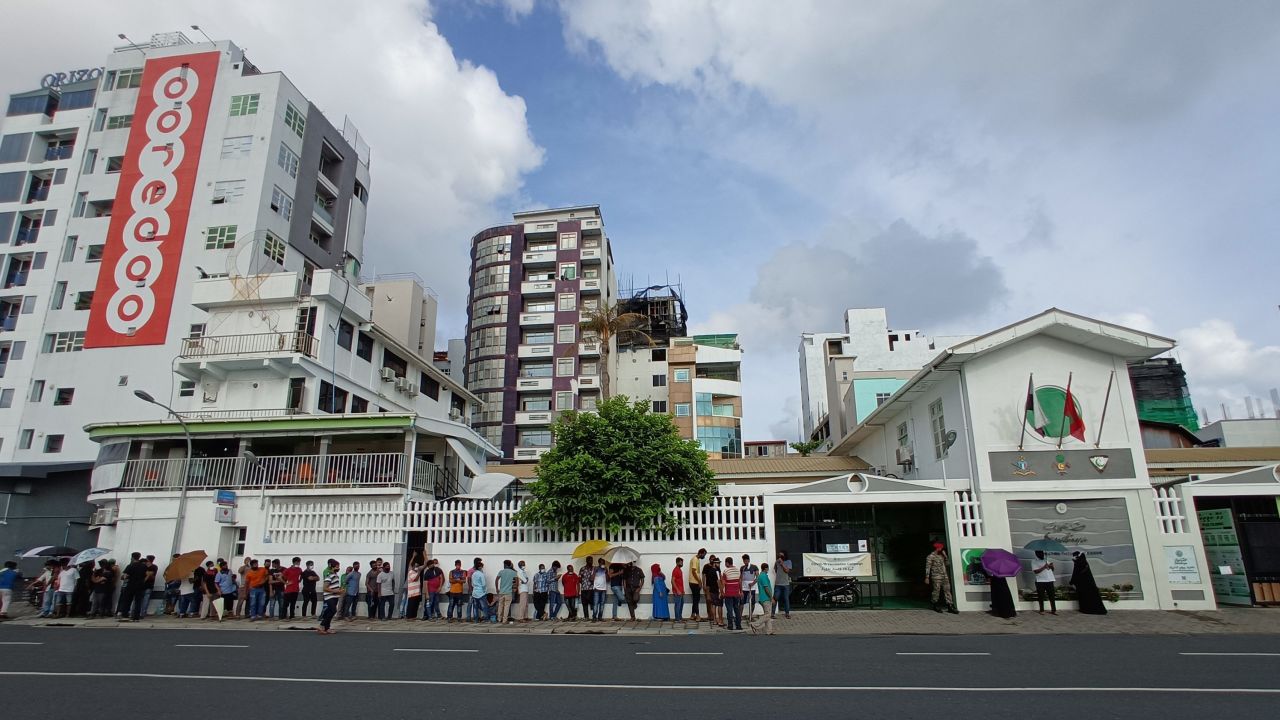 People line up to receive the Covid-19 vaccine in Male, Maldives, on March 15, 2021.
