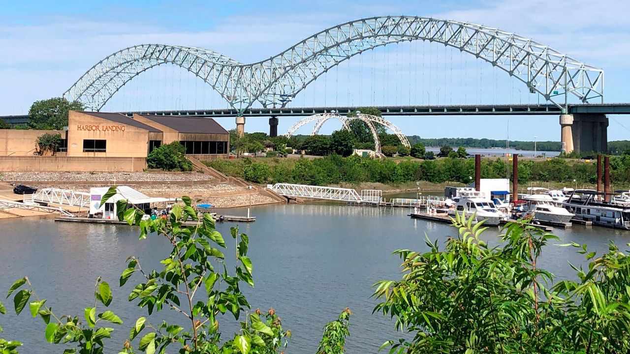 A crack in a steel beam has forced the closure of the Interstate 40 bridge, seen here on Wednesday, May 12, that connects Arkansas and Tennessee.