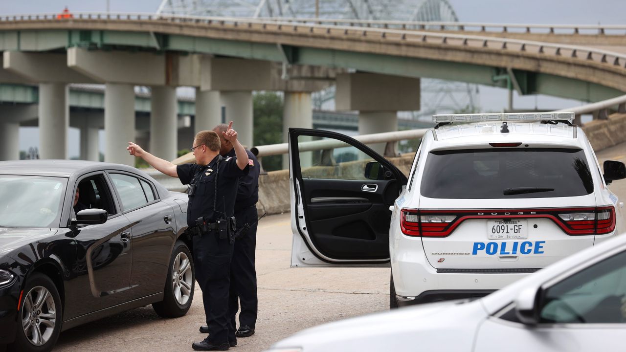 Memphis police block the entrance to the Hernando de Soto bridge after a crack was found, closing all I-40 lanes over the Mississippi River on Tuesday, May 11.