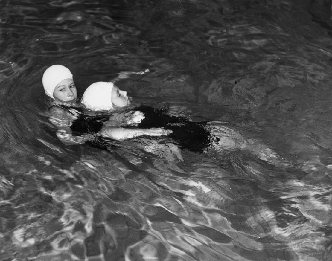 The then-Princess Elizabeth wins a life-saving award at the Children's Challenge Shield Competition, held at the Royal Bath Club in London on June 28, 1939. 