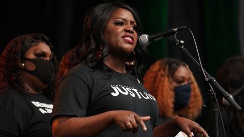 Dr. Tiffany Crutcher speaks during the Juneteenth celebration in the Greenwood District on June 19, 2020 in Tulsa, Oklahoma. (Photo by Michael B. Thomas/Getty Images)