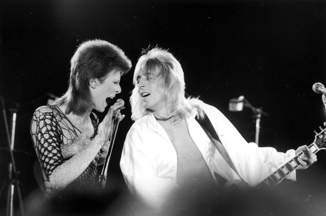 David Bowie performing with guitarist and Suzi Ronson's husband, Mick Ronson at a live recording of 'The 1980 Floor Show' for the NBC 'Midnight Special' TV show, at The Marquee Club in London, 1973. 