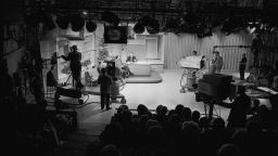 A view of the studio recording of NBC's 'Tonight' show, with host, Johnny Carson interviewing a guest.  
