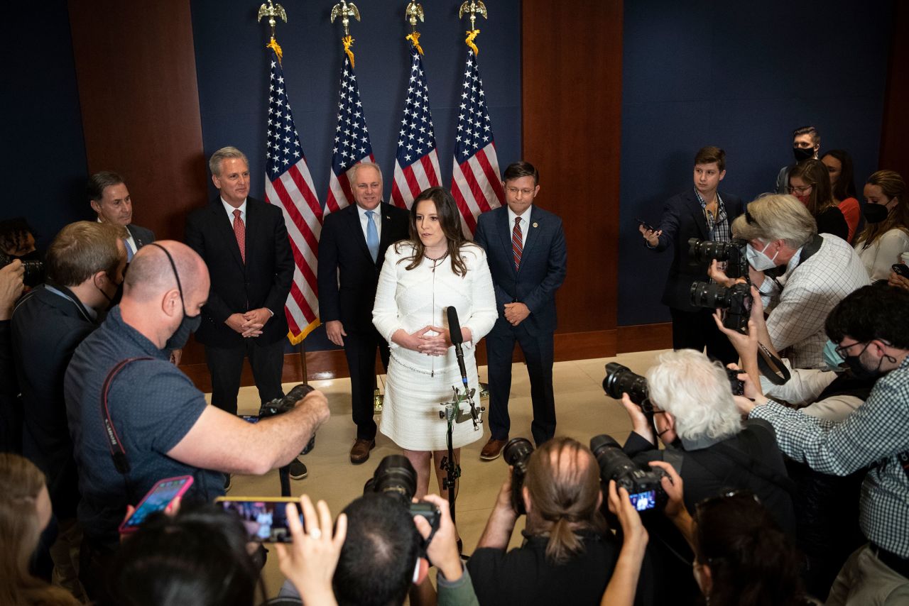 Stefanik speaks at a news conference after she was voted in as chair of the House Republican Conference in May 2021. "My focus is on unity, because that's what the American people and that's what our voters deserve," she said. 