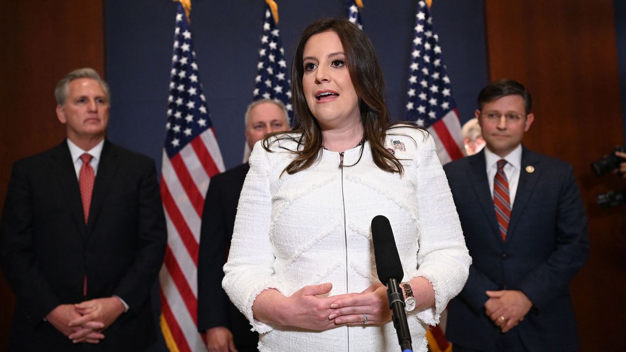 Stefanik speaks to reporters after House Republicans voted for her as their conference chairperson at the US Capitol in Washington, DC on May 14, 2021.