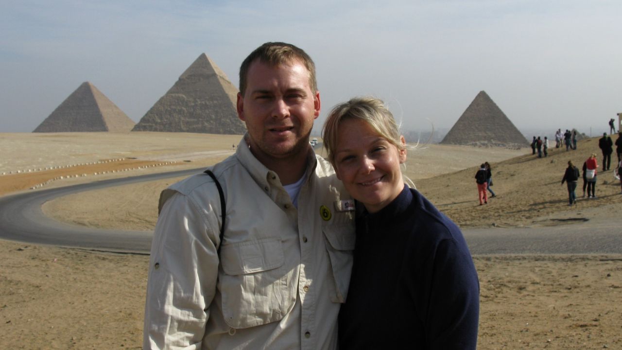 <strong>Traveling together: </strong>The couple still enjoy traveling together, although they've never had a trip quite as eventful as that first one. Here they are touring the pyramids in Egypt.