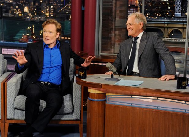 O'Brien appears on Letterman's show in 2012. They discussed O'Brien's short-lived stint as host of "The Tonight Show" and <a href="index.php?page=&url=https%3A%2F%2Flatimesblogs.latimes.com%2Fshowtracker%2F2012%2F05%2Flate-night-conan-obrien-and-david-letterman-bash-jay-leno-.html" target="_blank" target="_blank">had some fun at Jay Leno's expense.</a>