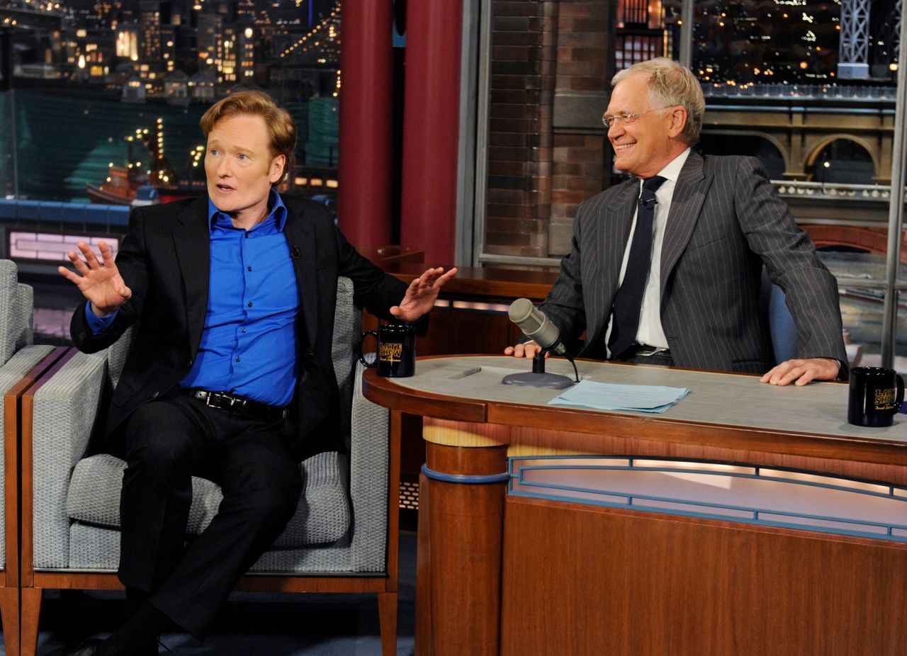 O'Brien appears on Letterman's show in 2012. They discussed O'Brien's short-lived stint as host of "The Tonight Show" and <a href="https://latimesblogs.latimes.com/showtracker/2012/05/late-night-conan-obrien-and-david-letterman-bash-jay-leno-.html" target="_blank" target="_blank">had some fun at Jay Leno's expense.</a>