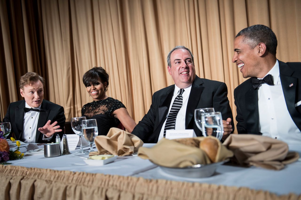 O'Brien jokes with President Barack Obama as he hosted the White House Correspondents' Association dinner in 2013. It was O'Brien's second time hosting the event. He also hosted in 1995.