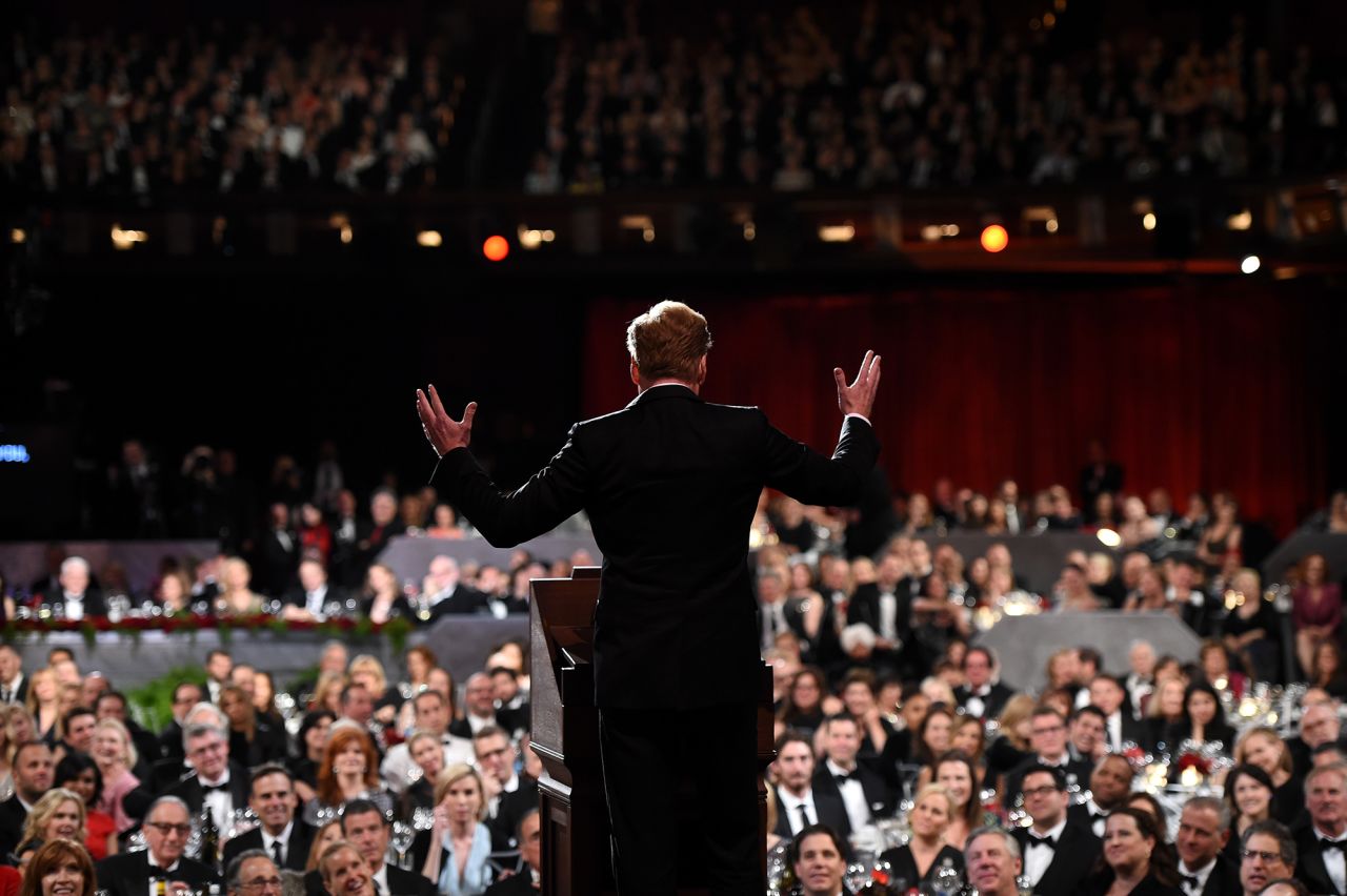O'Brien speaks on stage during a gala tribute to comedian Steve Martin in 2015.